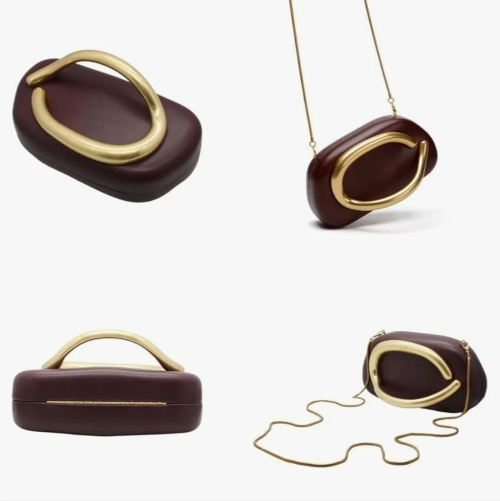 Chic Brown Bag with Metal Handle Clutch